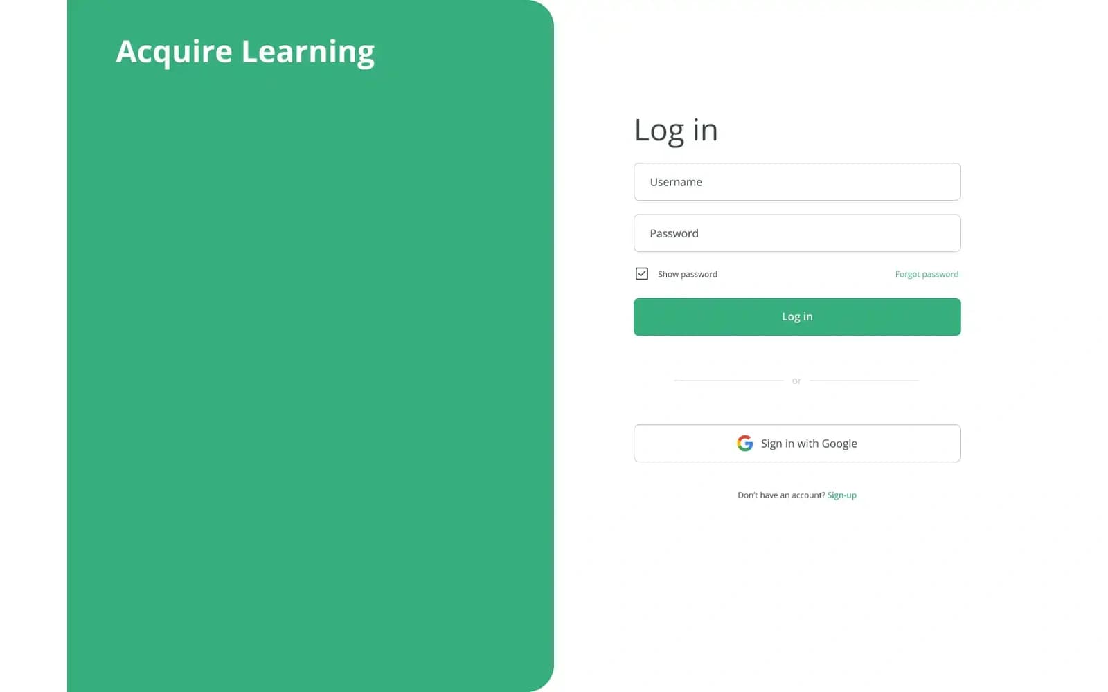 Acquire Learning role-based authentication login screen