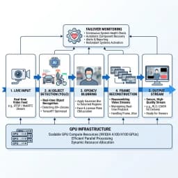 Architecture diagram showing the AI video processing pipeline from live input through YOLO detection, OpenCV blurring, frame reconstruction, and output stream on GPU infrastructure