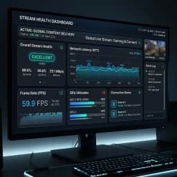Dark-themed stream-health monitoring dashboard with latency graphs, frame rate counters, and GPU utilization metrics