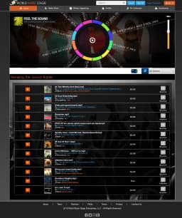 World Music Stage landing page with circular audio player and genre-filtered track list