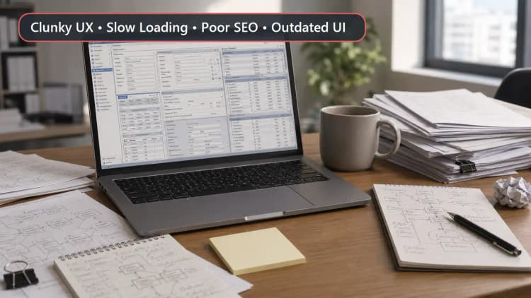 Legacy software screen surrounded by paper process maps and handwritten notes