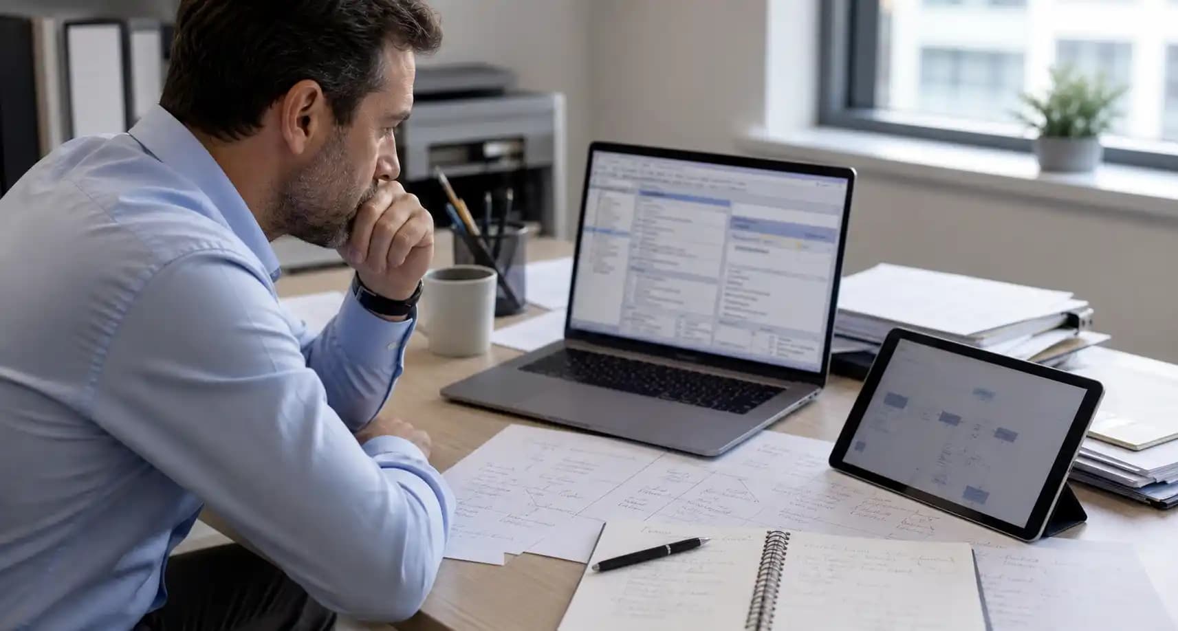 Focused operations leader reviewing outdated software beside process notes