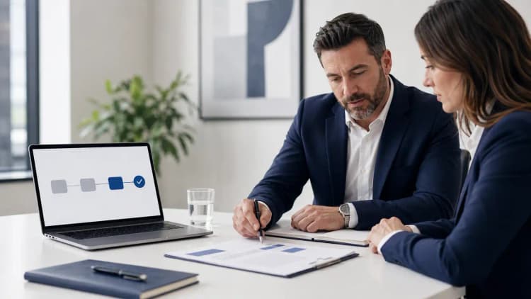 Two advisors reviewing a simple checked roadmap on a laptop