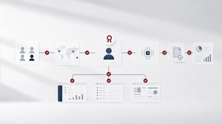 Connected checklist panels with crimson approval marks around one accountable delivery flow