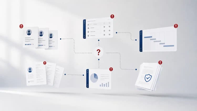 Scattered vendor cards and documents with crimson warning marks around a broken review flow