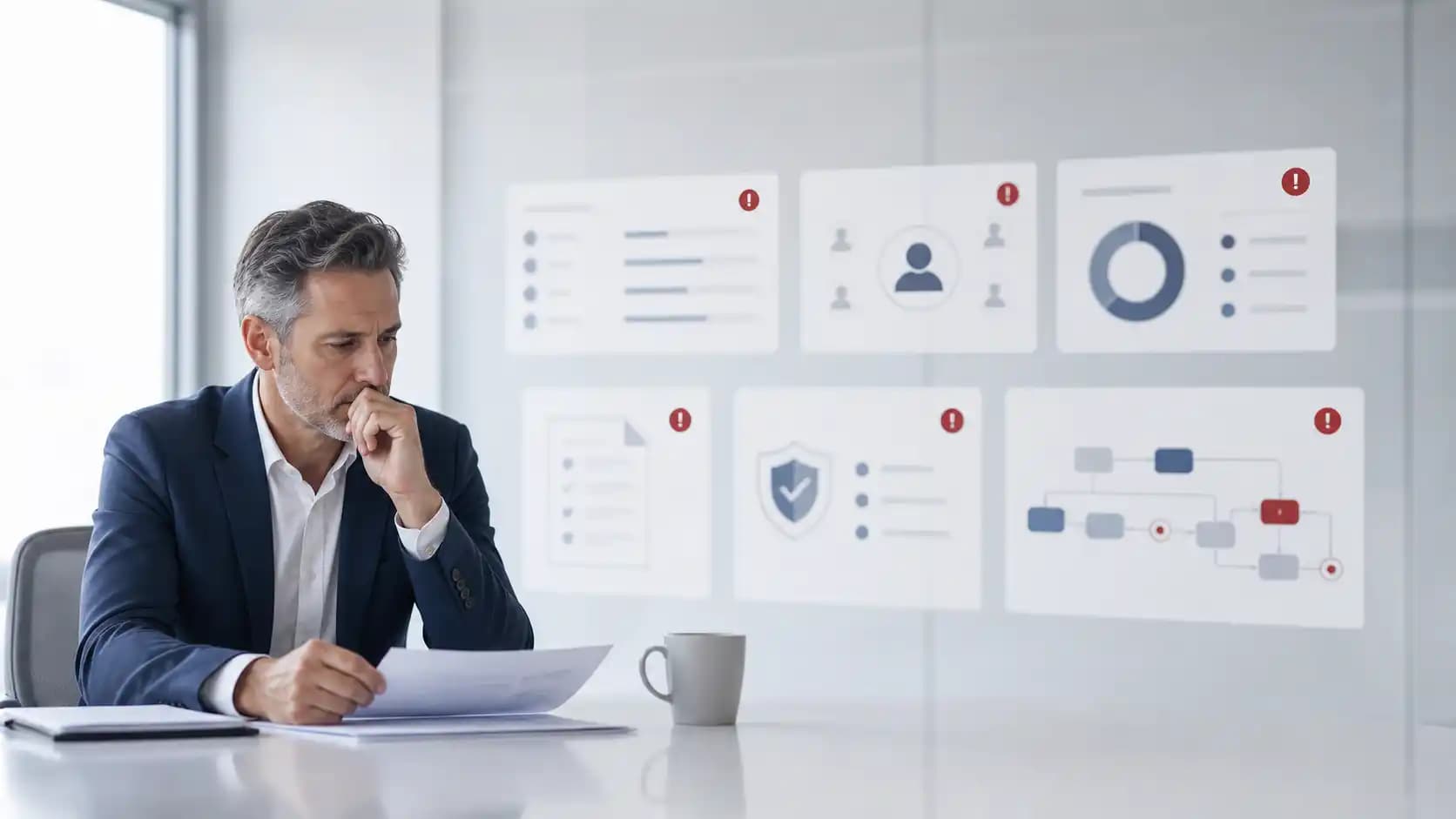 Concerned executive reviewing vendor scorecards with crimson risk alerts in a bright office