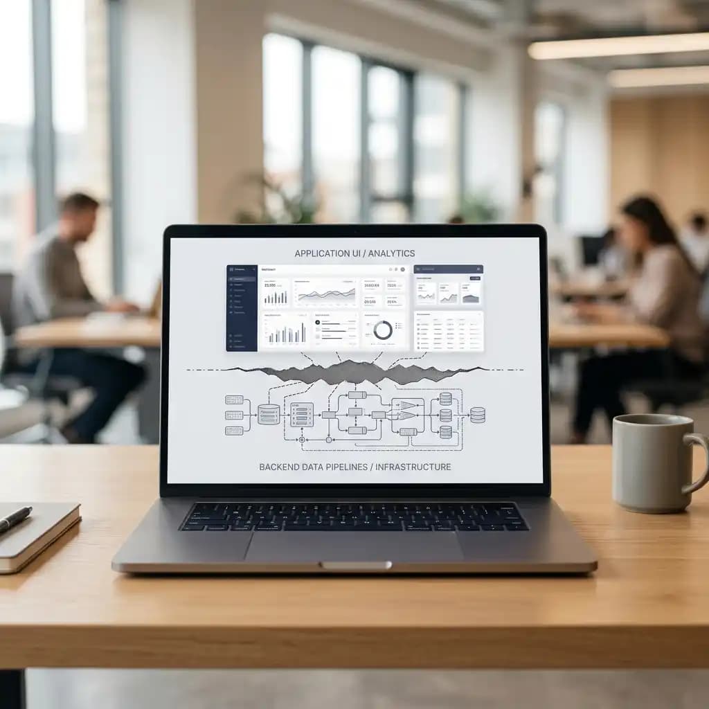 A single laptop displaying an abstract software architecture diagram with a broken data flow