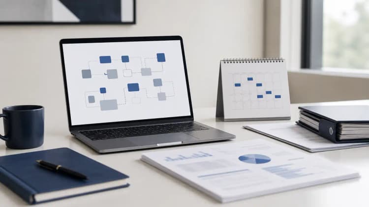 Laptop showing scattered workflow blocks beside planning papers