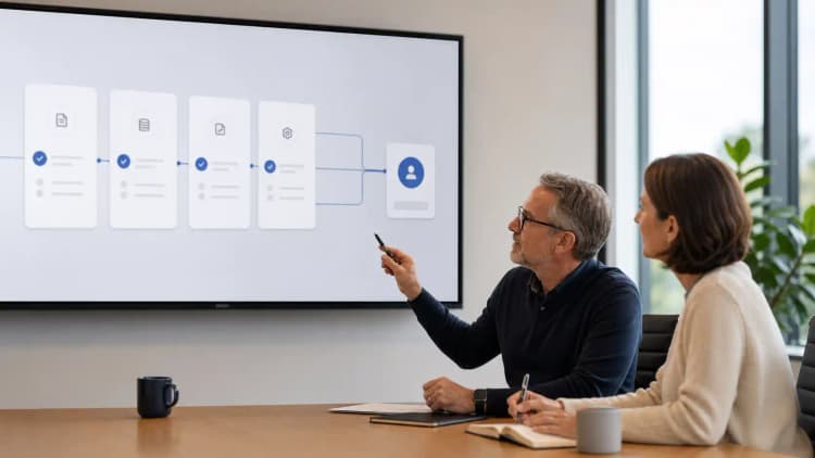 Senior leaders reviewing a clean automated workflow with human approval