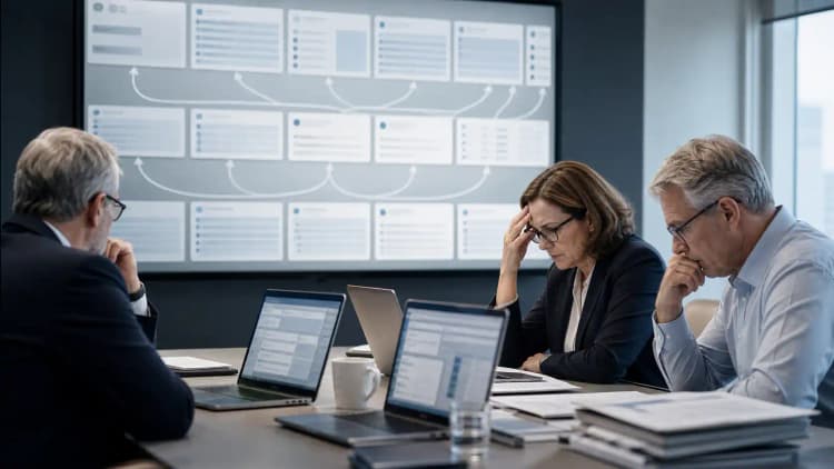Senior team under pressure reviewing repeated digital workflow loops