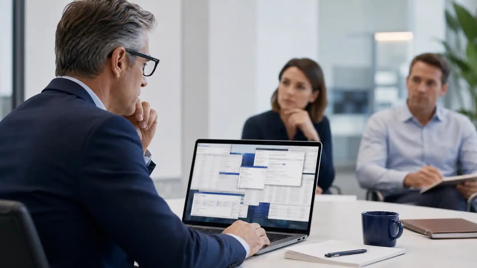 Operations buyer reviewing crowded software windows while two leaders wait