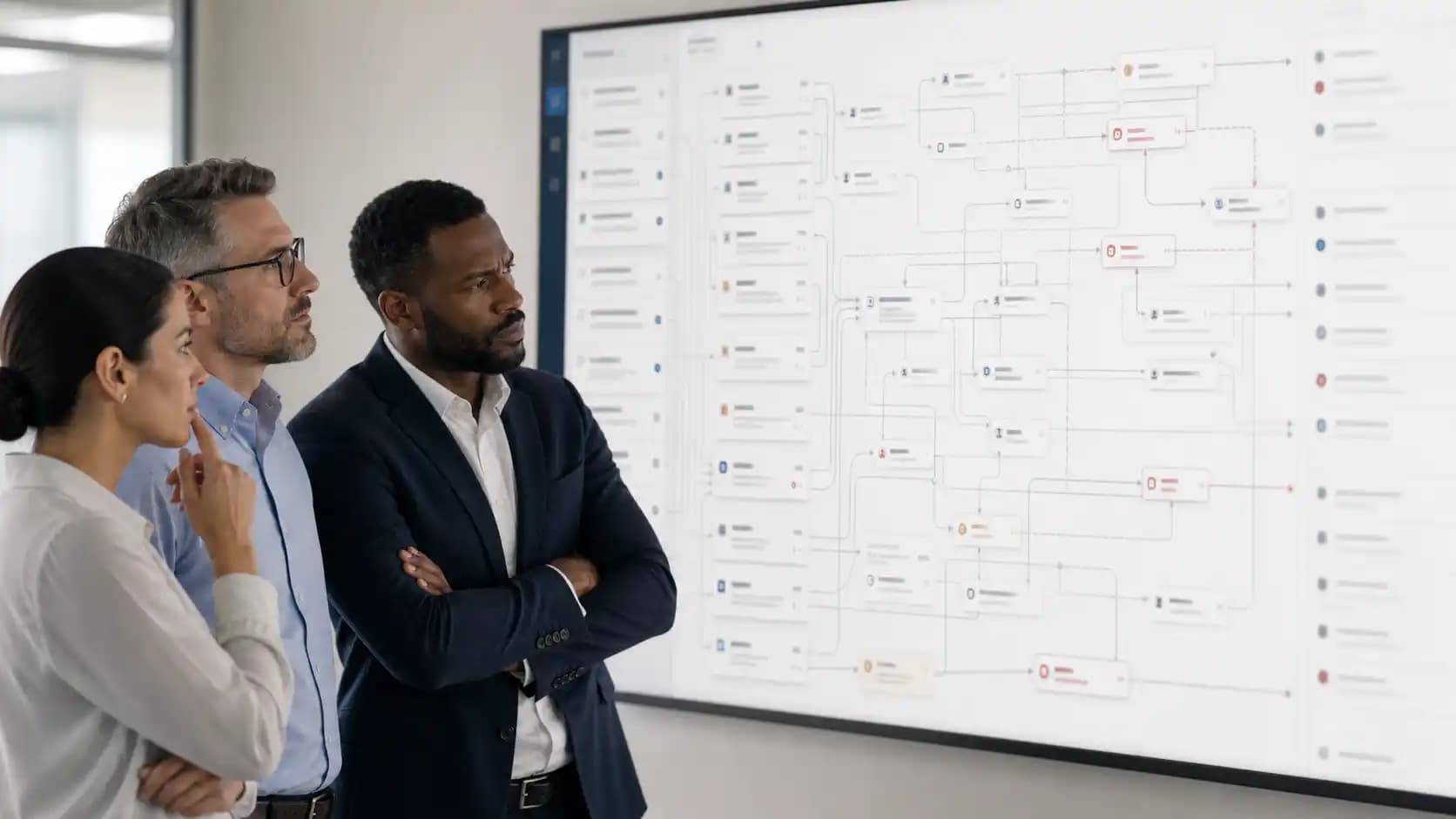 Business leaders reviewing a crowded workflow map with stuck approval nodes