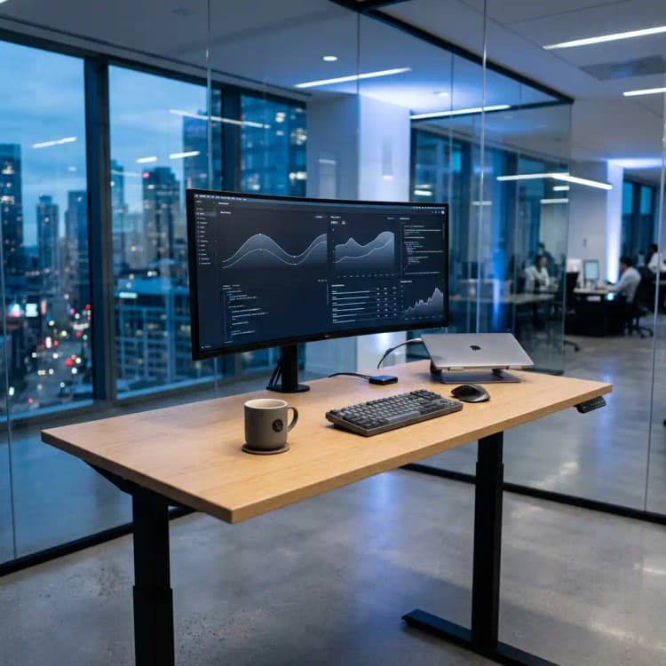 Clean standing desk with a single ultrawide monitor and laptop showing fast focused execution