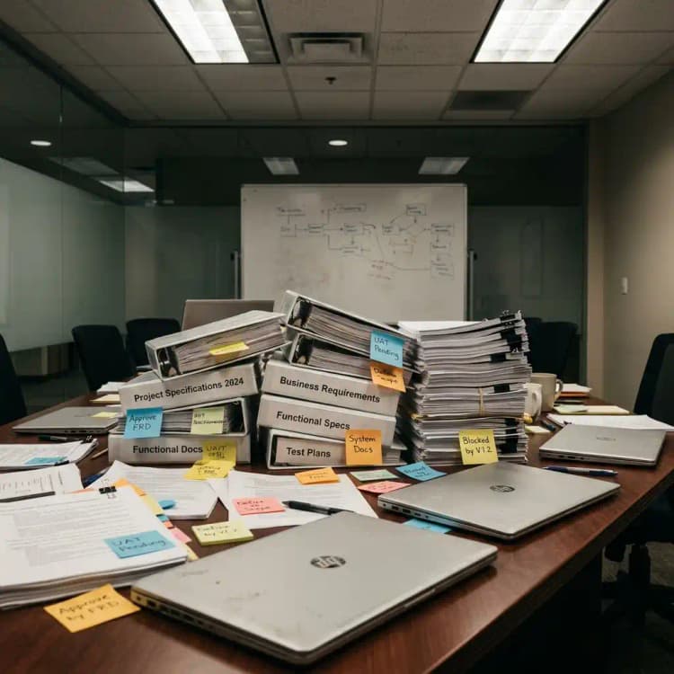 Long table with stacked binders, printed requirements, and closed laptops showing slow waterfall delivery