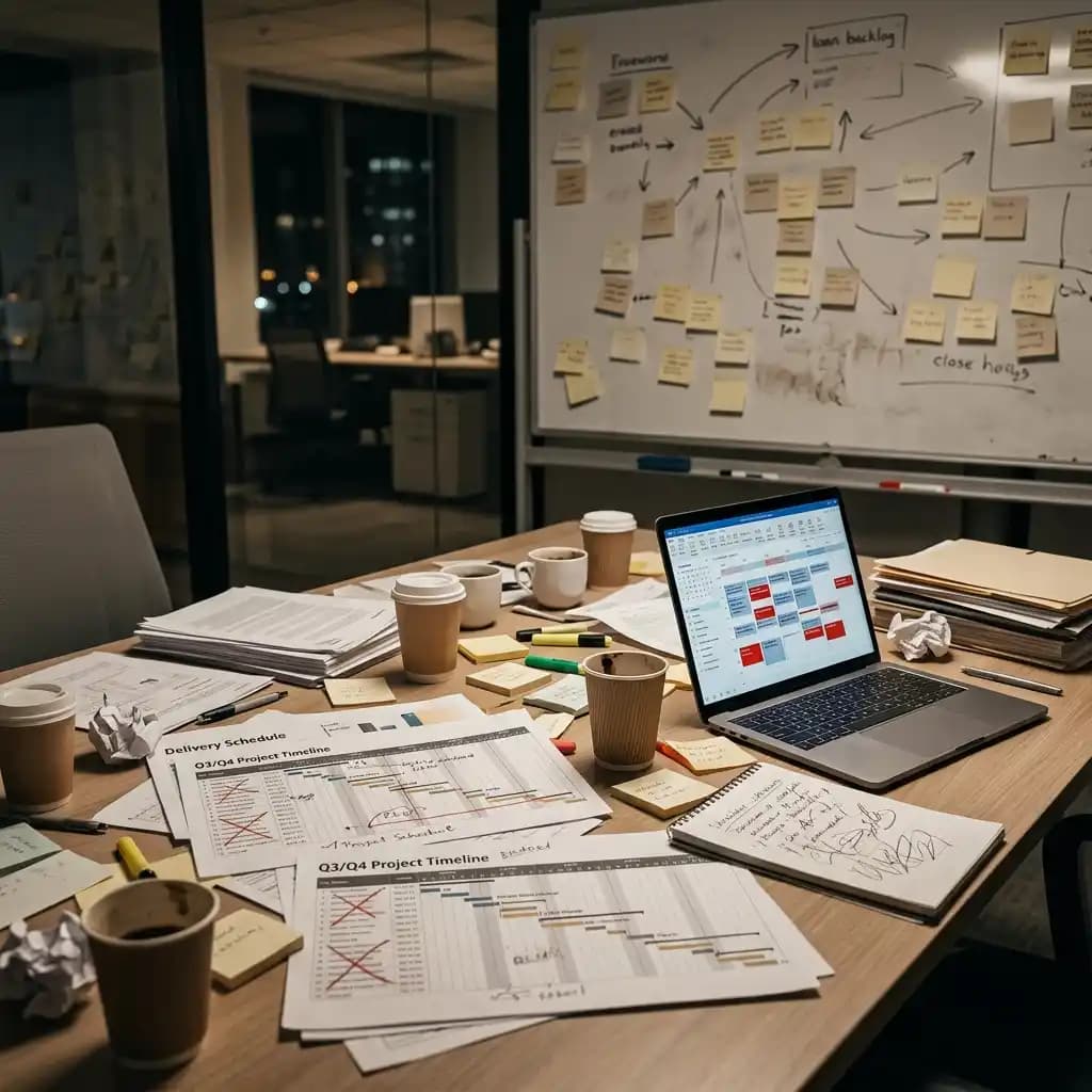 Conference table with scattered Gantt charts, sticky notes, and coffee cups showing stalled project delivery