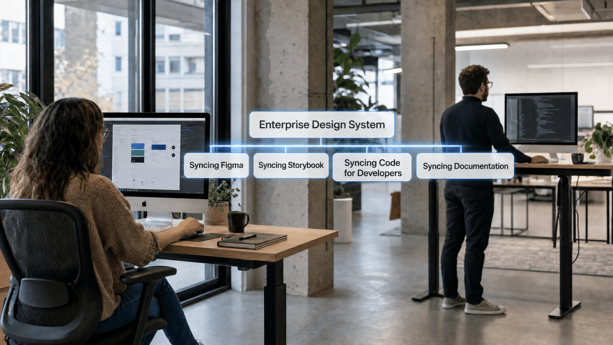 A designer works alone at her desk while an engineer sits far across the same open office