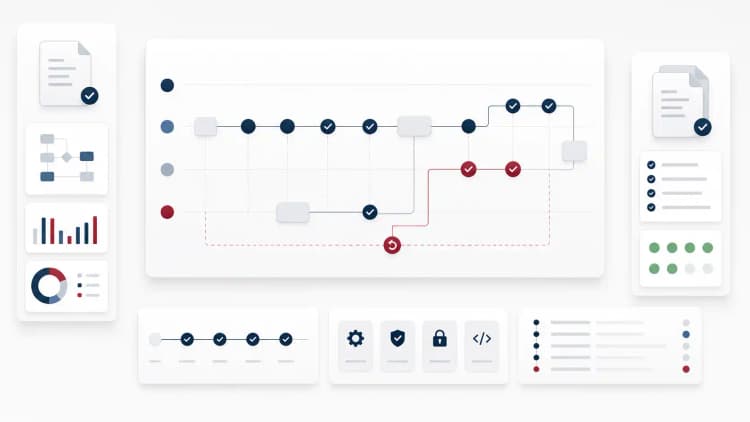 Clean documented release workflow with checks, rollback path, and audit cards