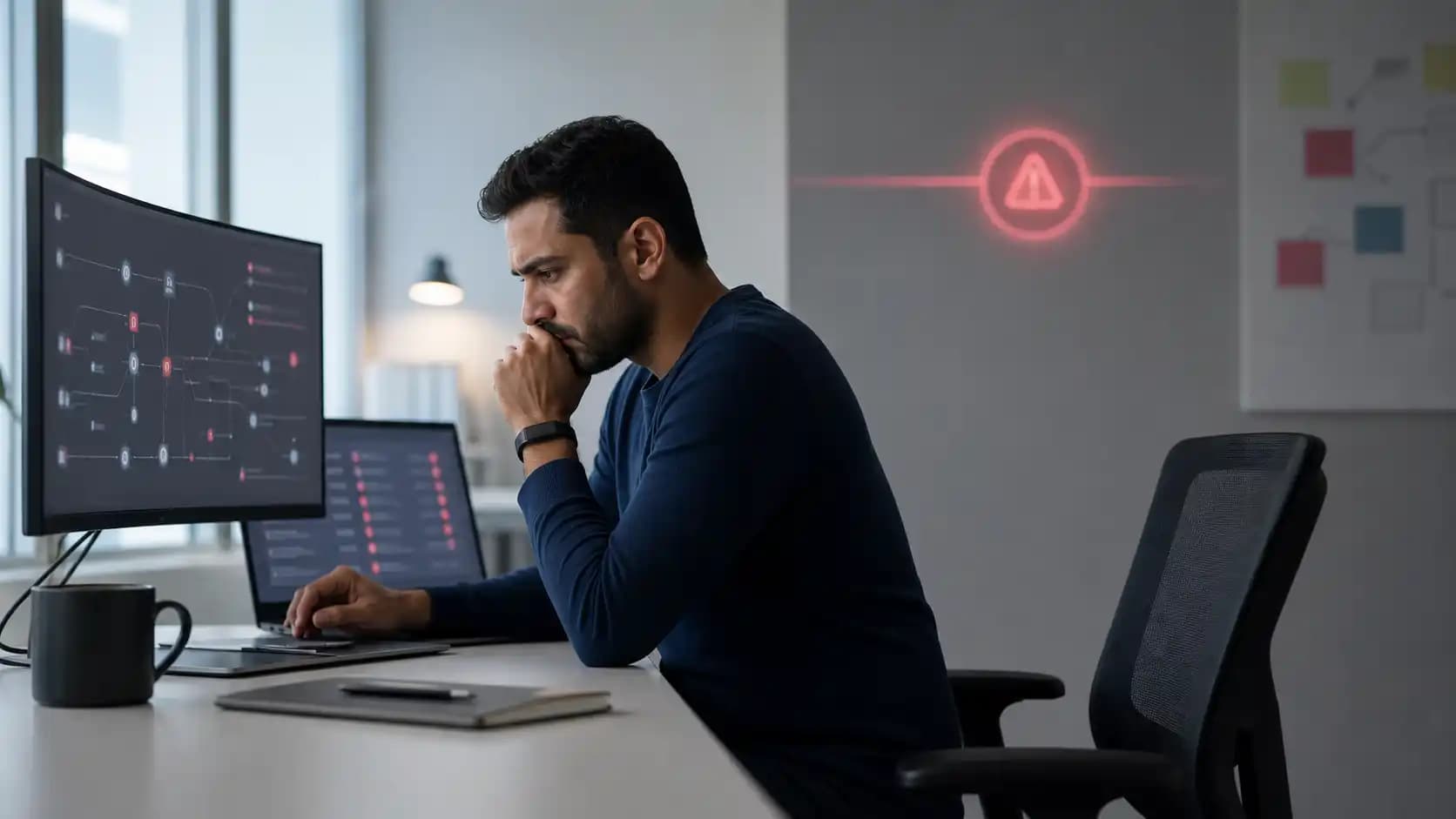 Focused platform engineer reviewing deployment dashboards beside an empty chair