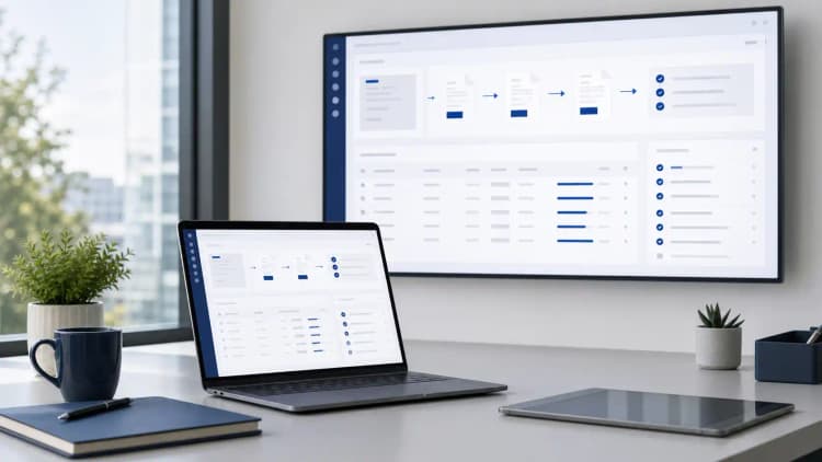 Clean desk with a blue DocuScan AI workflow dashboard and validated records