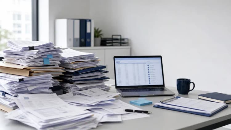 Messy invoice pile beside a laptop with a crowded document queue