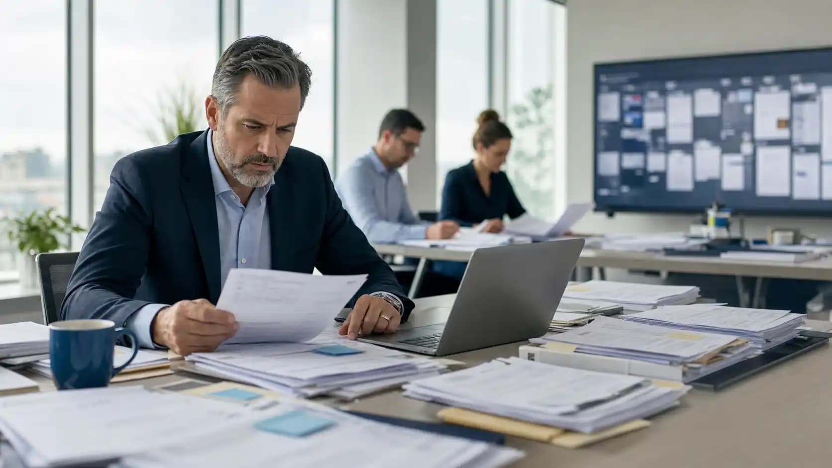Finance buyer reviewing invoices while team members process forms behind him