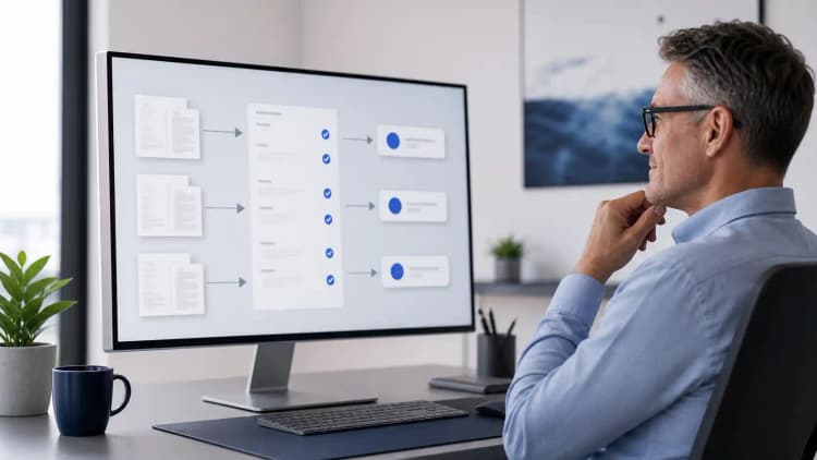 Leader reviewing a smooth document automation workflow with blue validation checks