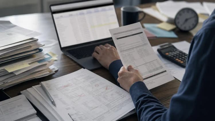 Manual document entry desk with marked forms, clock, calculator, and blurred spreadsheet
