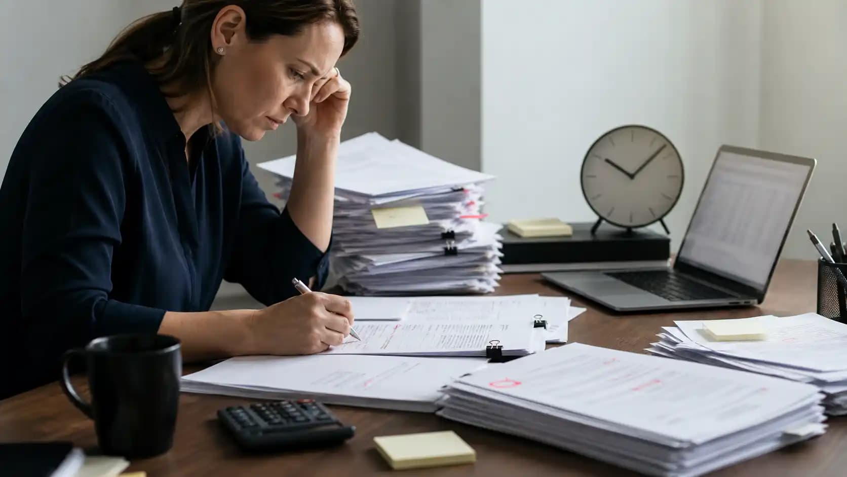 Concerned worker marking paper forms beside a clock, calculator, and document stacks