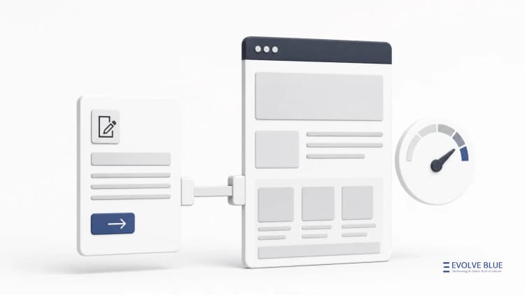 A compact CMS editor card connected by a clean bridge to a fast website with a speed gauge