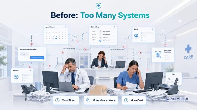 Two clinic staff buried in paper, faxes, and phone calls beside a map of disconnected software tools