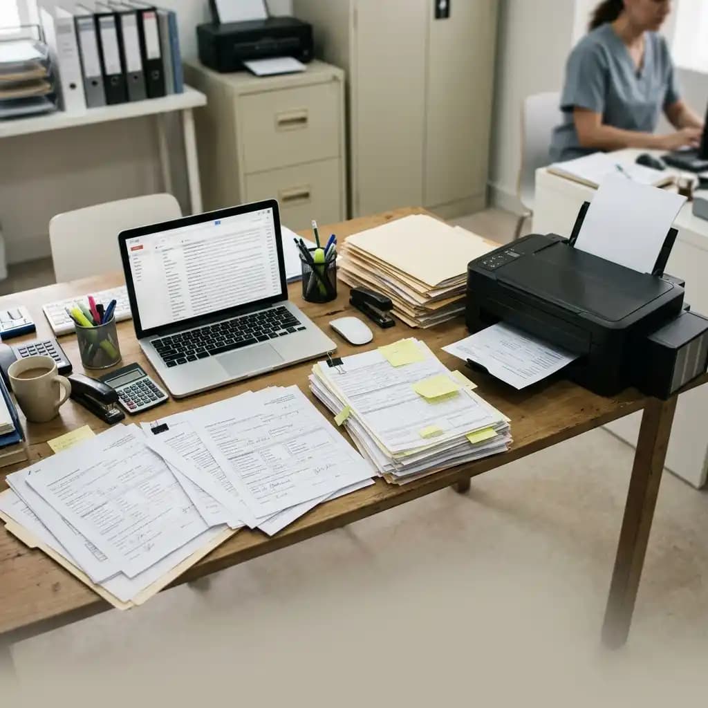 Printed patient forms, insurance papers, and an email inbox on a healthcare front desk