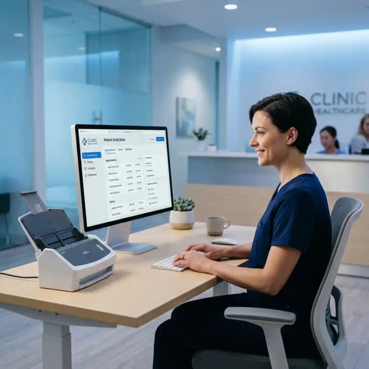 A healthcare worker at a clean minimal desk with only a monitor and scanner — no paper