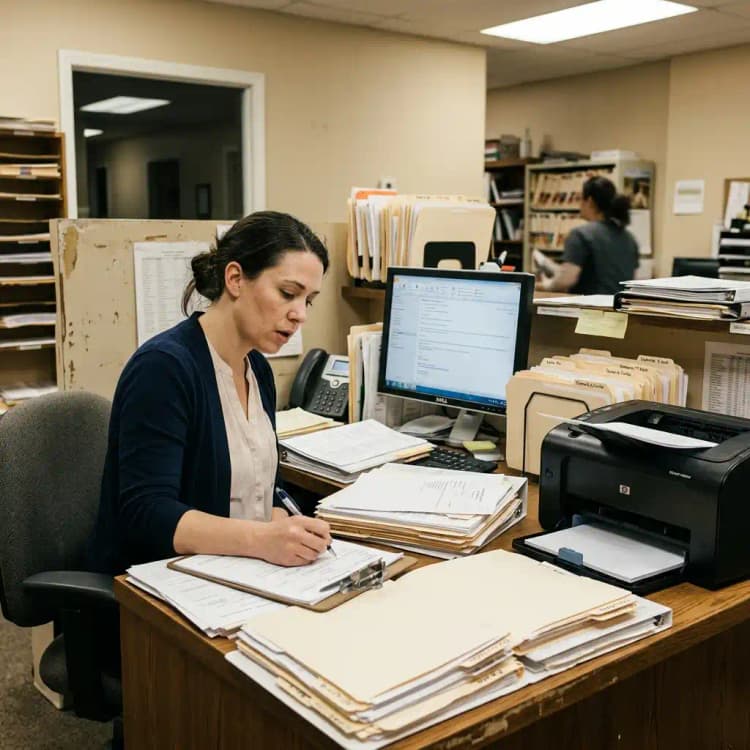 A healthcare worker at a cluttered desk surrounded by paper forms, manila folders, and a printer
