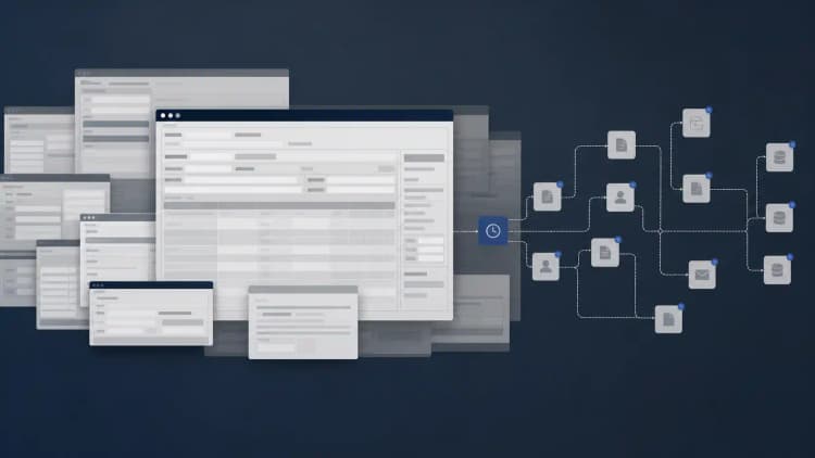 Dense legacy app windows feeding a tangled workflow of document and data icons