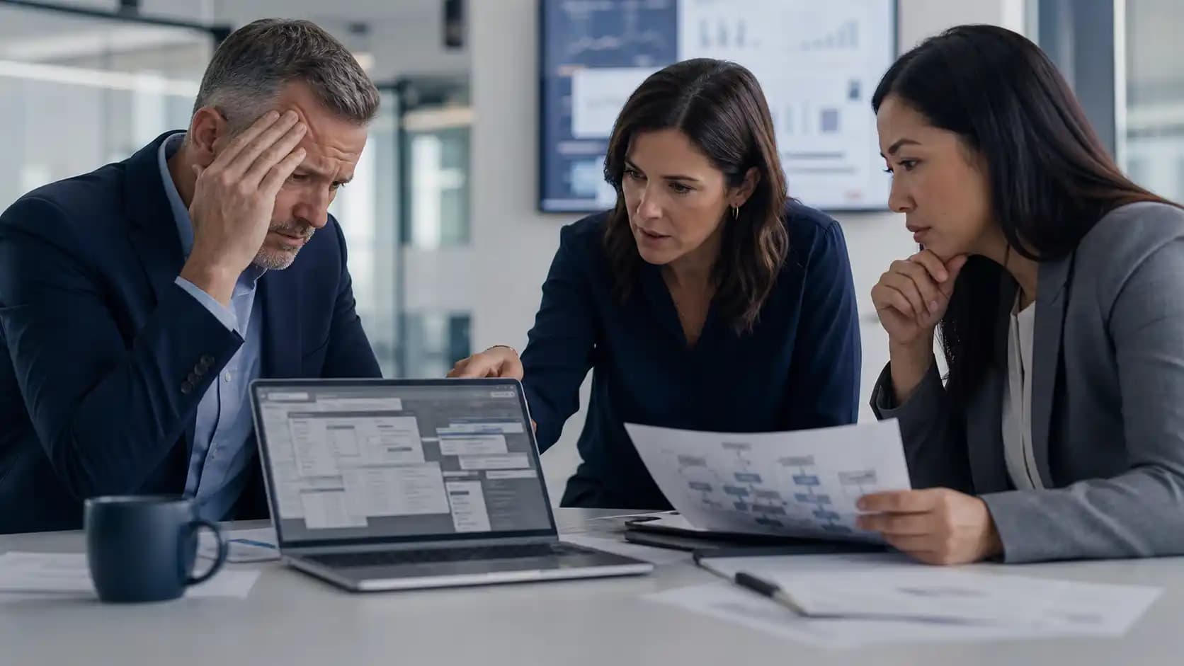 Concerned leaders reviewing a dense legacy app and printed workflow in a modern office