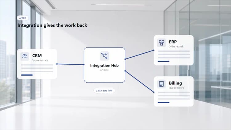 After diagram showing CRM connected to ERP and Billing through an Integration Hub