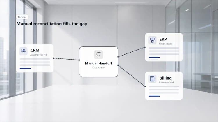 Before diagram showing CRM feeding Manual Handoff before ERP and Billing records