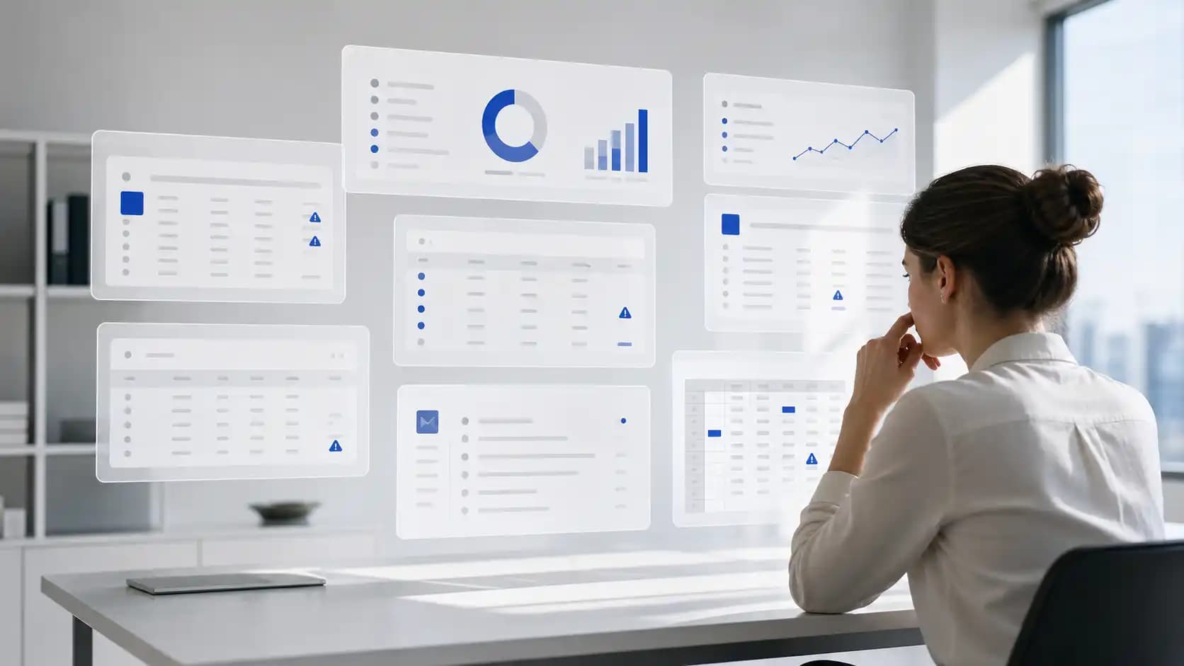 Operations analyst facing multiple floating app windows with duplicated data and alerts