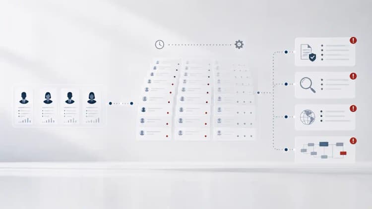 Large anonymous delivery queue leading to compliance panels with crimson warning marks