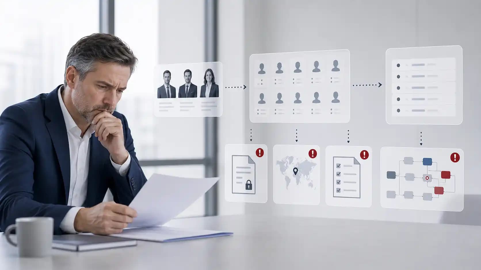 Concerned buyer reviewing fading pitch team cards and crimson compliance risk markers