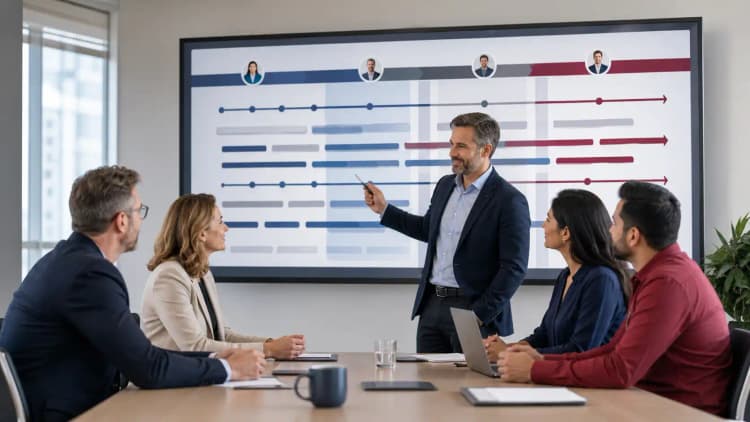 Confident client leaders reviewing a flexible blended delivery model