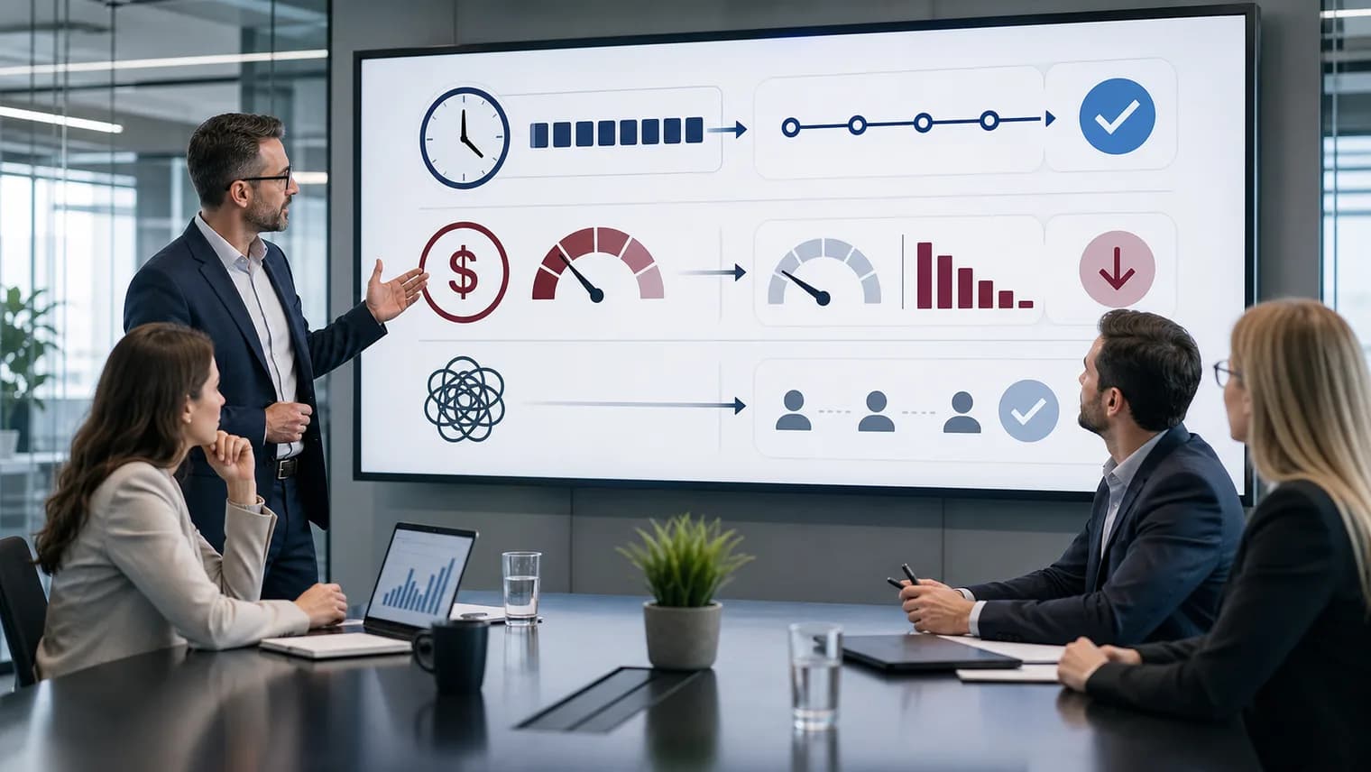 Two technology leaders reviewing a delivery timeline in a glass-walled meeting room