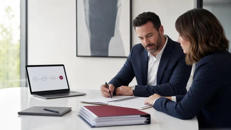 Two professionals reviewing a clean approval workflow and organized documents