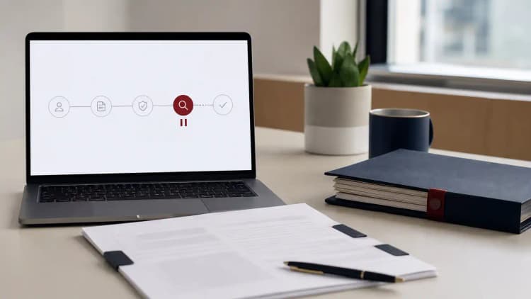 Laptop workflow paused beside documents waiting for buying review