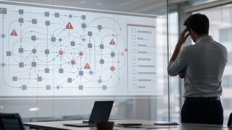 Project lead facing tangled CRM automation loops and warning markers