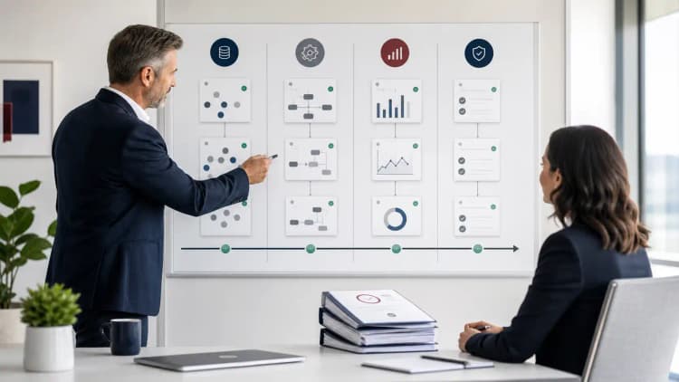 Consultant presenting a clean CRM governance board with audit documents