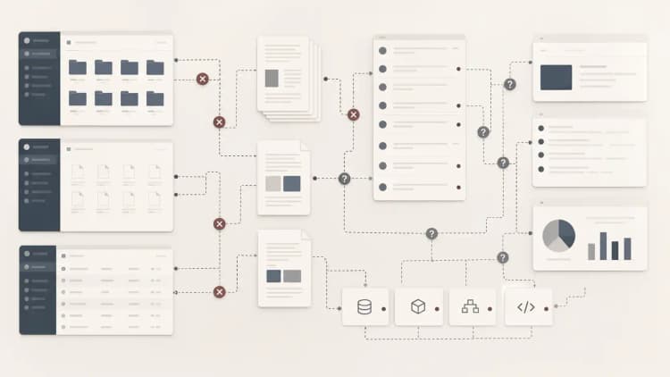 Disconnected document libraries, CRM panels, PDFs, and API boxes with broken answer paths