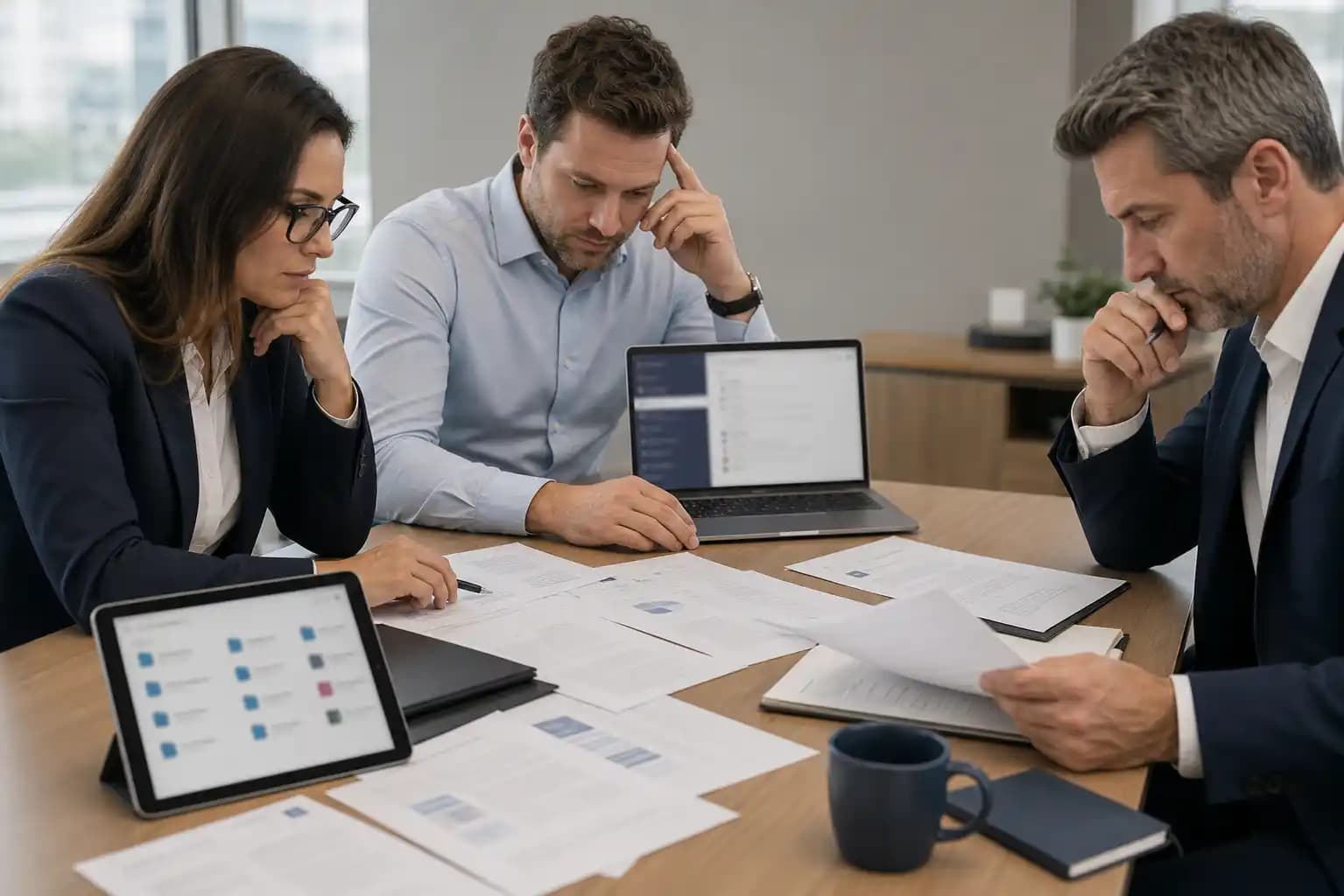 Focused leaders sorting PDFs and blurred software screens around a conference table