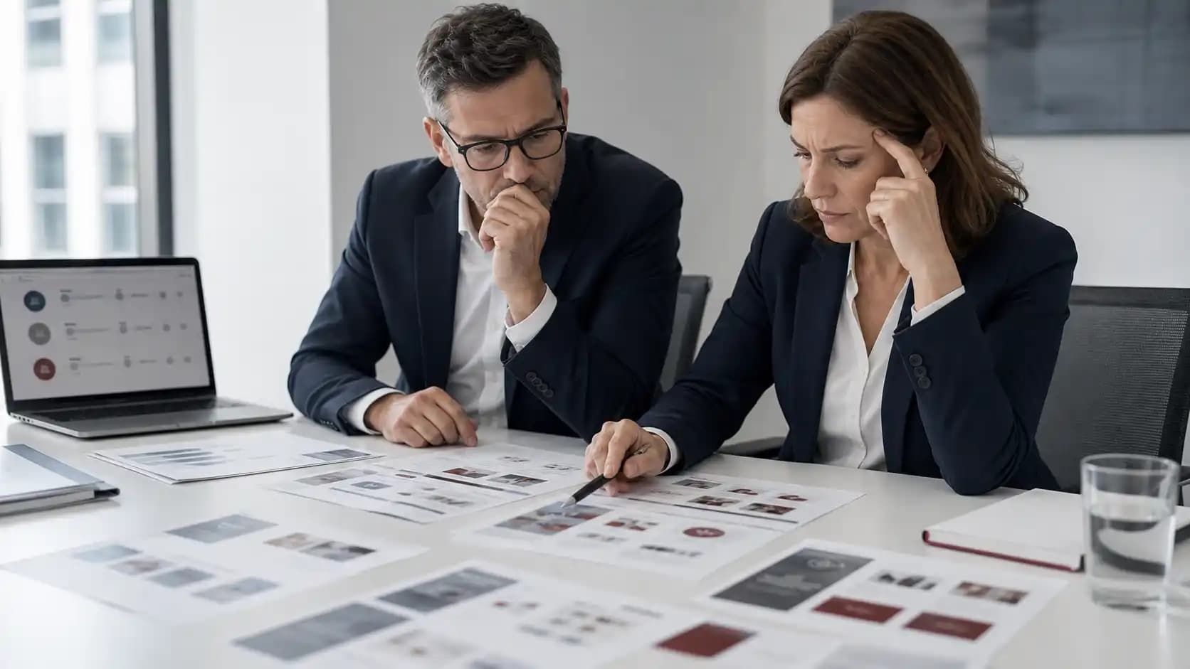 Concerned technology leaders reviewing a blurred delivery planning board