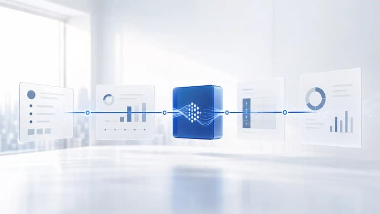 Clean software panels connected through one blue integration flow